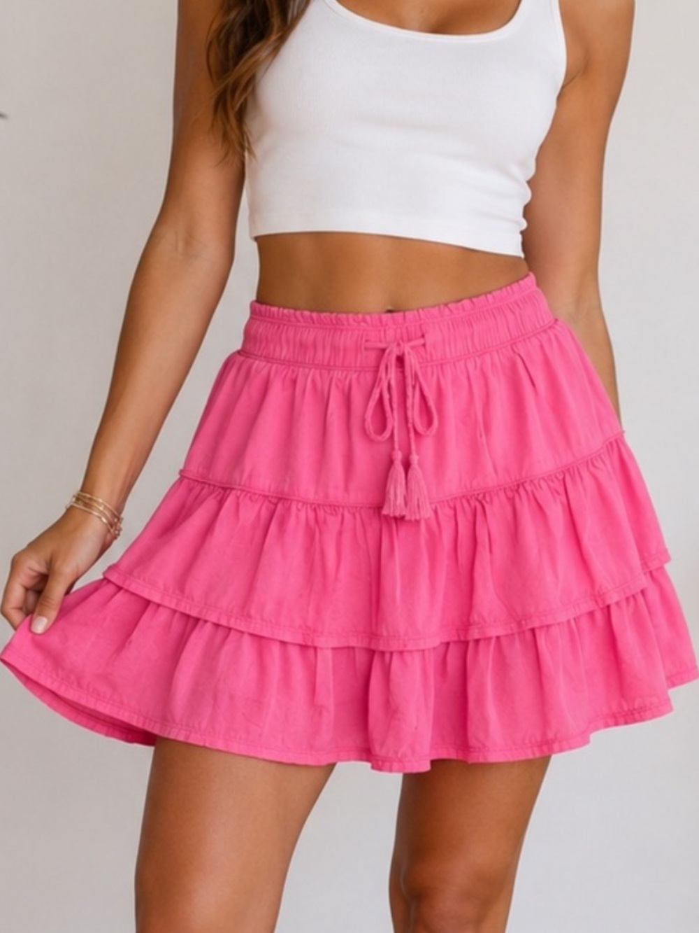 Aerie Pink Tiered Ruffle Mini Skirt Tassel Drawstring L NWOT